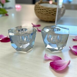 VTG 1950s Set of 2 Candleholders Hand Cut Crystal Glass Geometric Japan 2”x3”